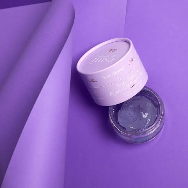 Anti-Ageing Repair Gel Booster Mask on purple background
